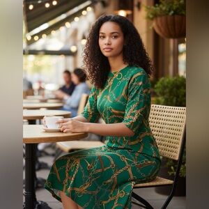 Lauren Ralph Lauren Green and Gold Chain Print Midi Dress